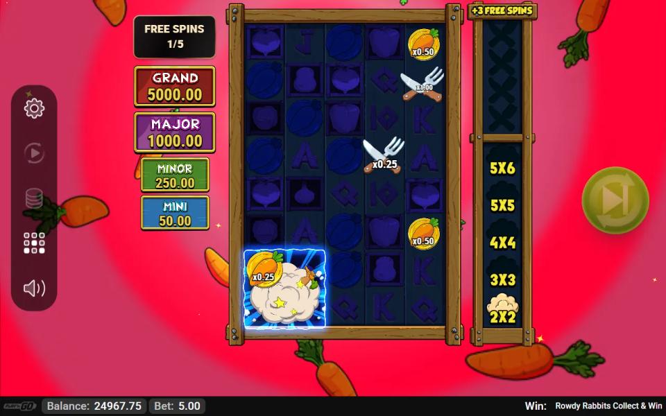 Rowdy Rumble free spins on an eight-row grid with the collector at its starting 2x2 size in the bottom-left corner and carrot coins landing outside it
