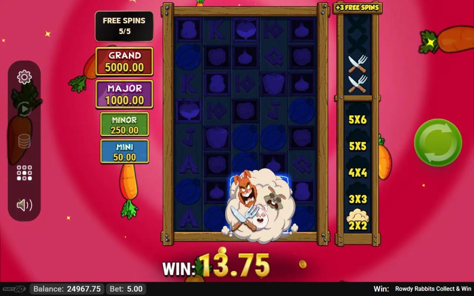 The last Rowdy Rumble free spin, the collector still at 2x2 and the expansion meter showing two cutlery symbols out of the four a step requires