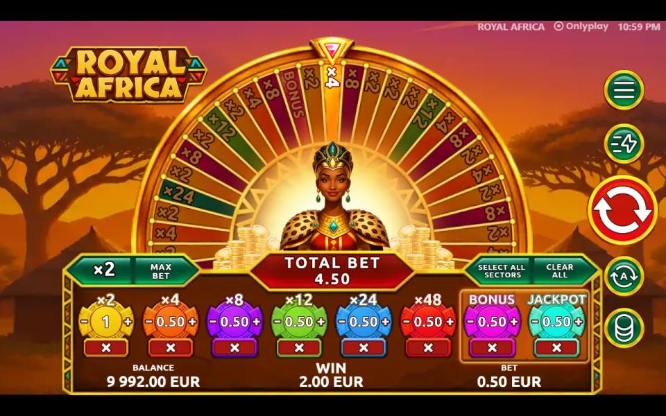 Royal Africa with the wheel pointer stopped on a x4 sector and all eight betting rings backed below