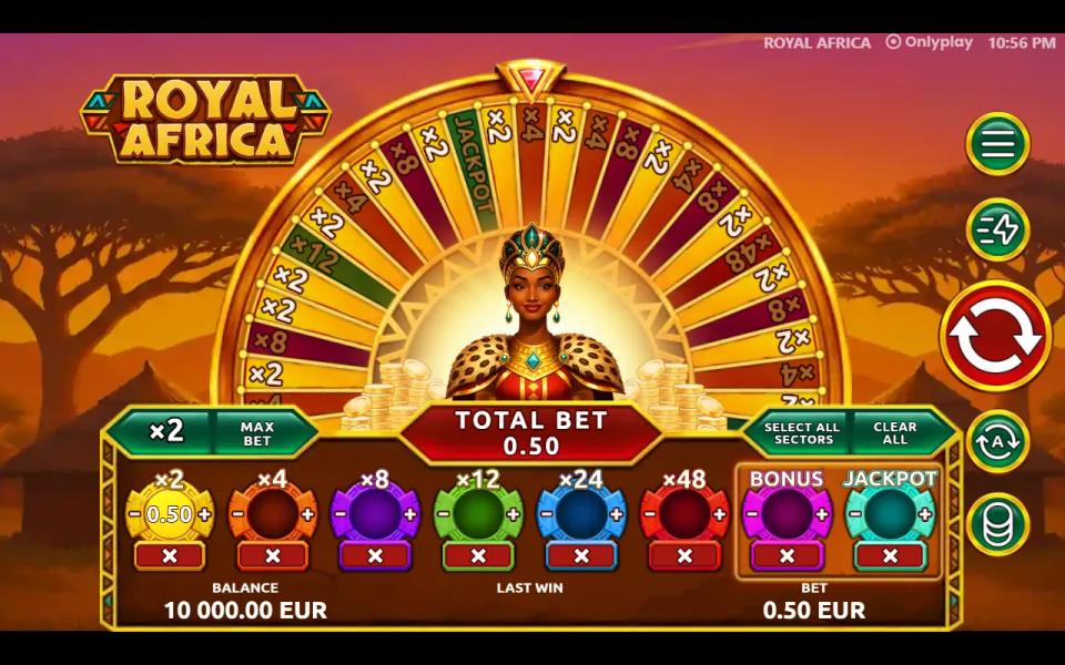 Royal Africa with a single chip on the x2 ring and a total bet of 0.50