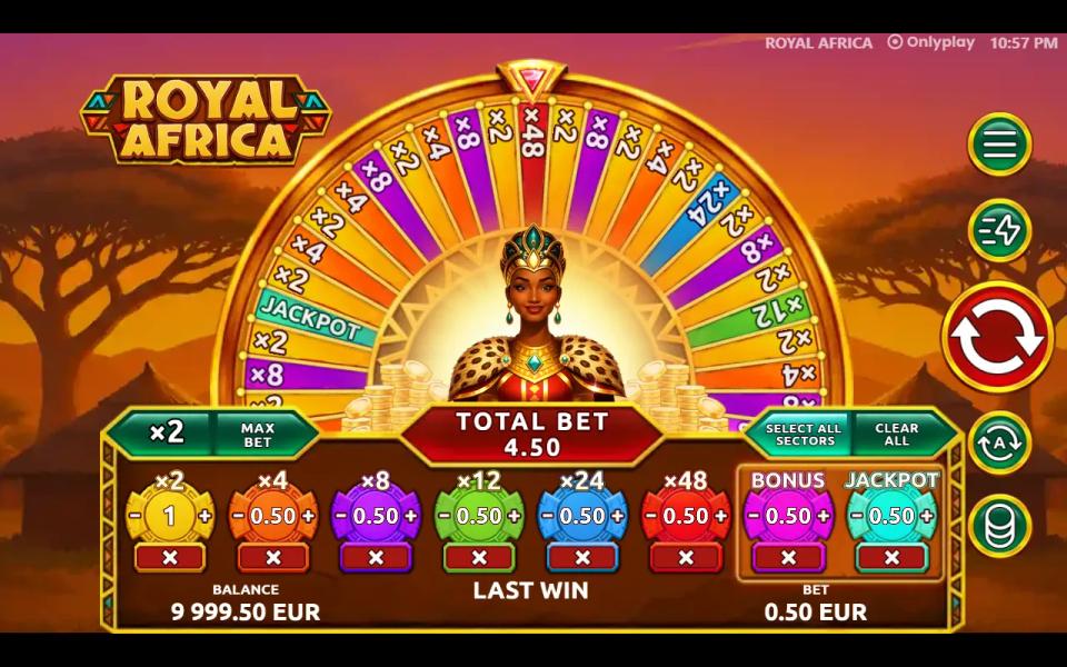 Royal Africa with a chip on all eight betting rings and a total bet of 4.50