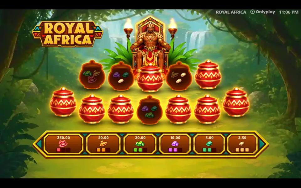 Royal Africa Jackpot Game with four pots opened and gems part-filling five of the six jackpot tiers