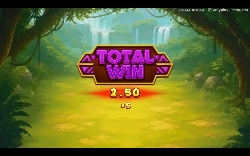 Royal Africa jackpot result card showing a total win of 2.50 at five times the stake