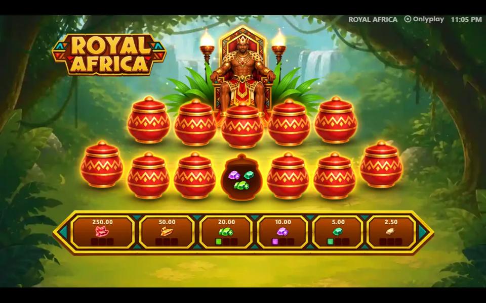 Royal Africa Jackpot Game showing twelve clay pots before a king on a throne and a six-tier gem collector meter below
