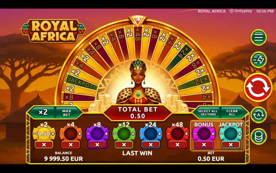 Royal Africa mid-round, the fifty-sector wheel turning with the spin button switched to its red stop state