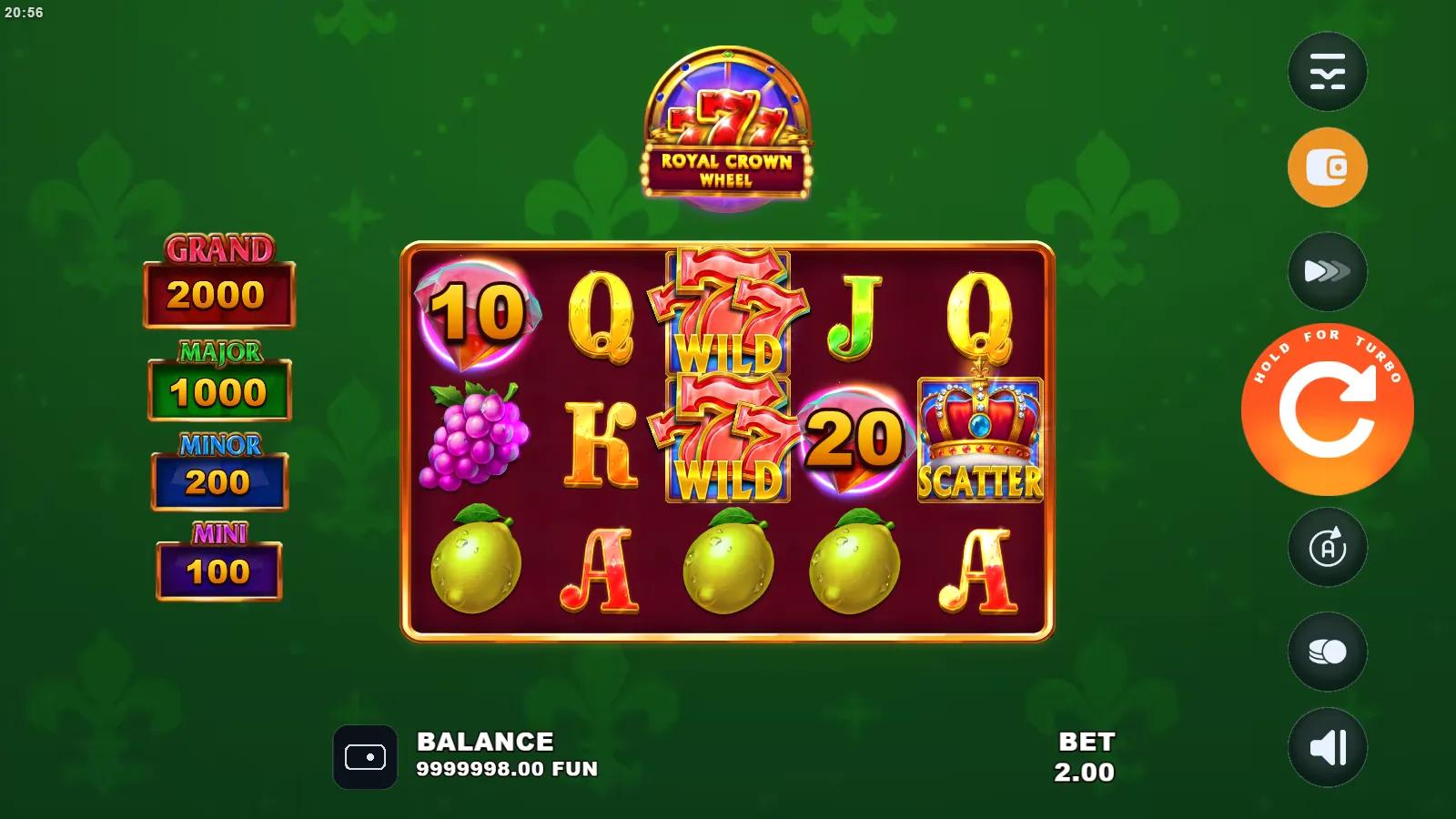 Royal Crown Wheel slot gameplay showing the 5x3 fruit reels with stacked 777 Wilds and a Crown Scatter