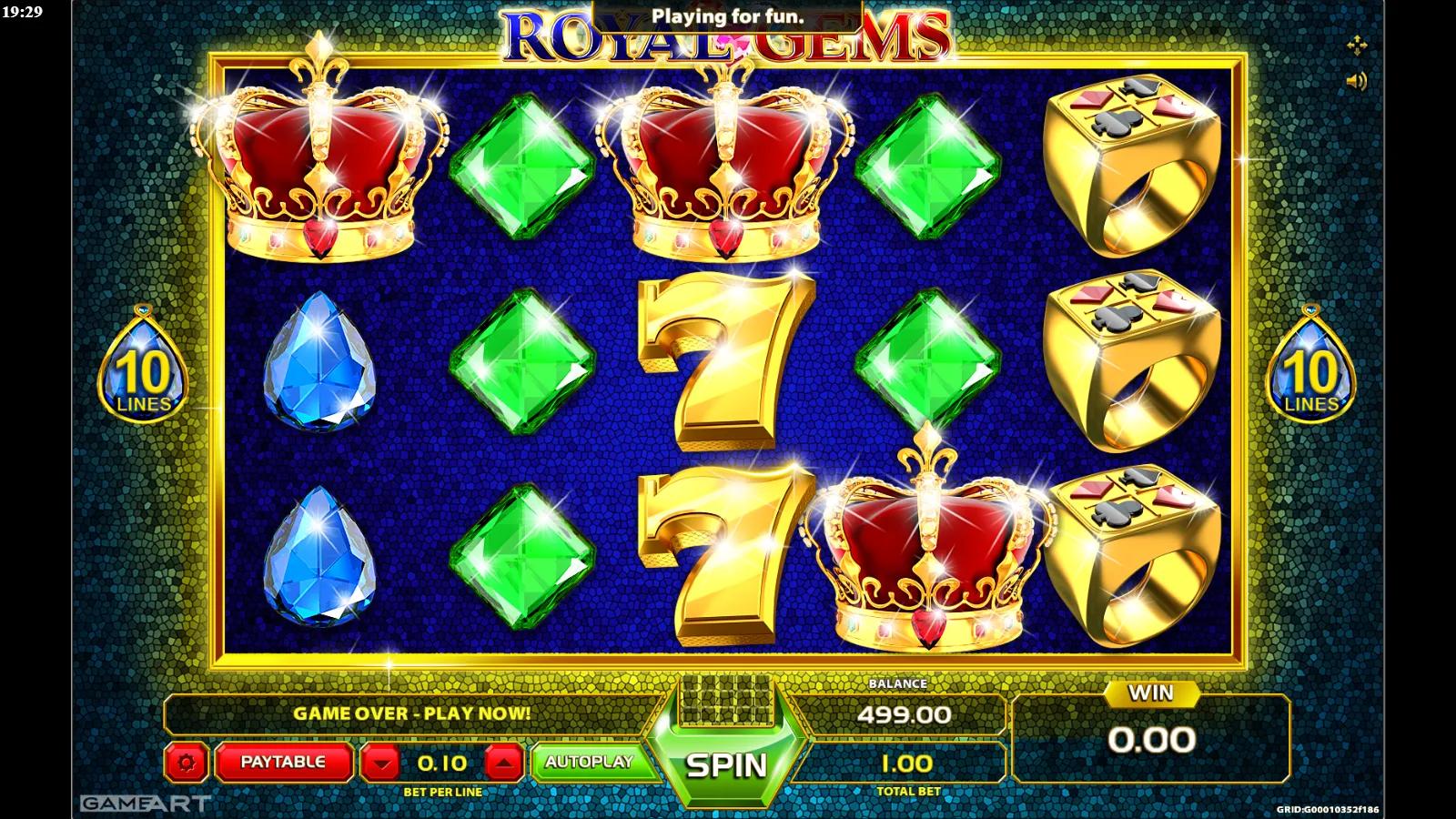 Royal Gems slot gameplay showing the 5x3 grid with a gold 7, crown, dice, diamond-star Scatter and coloured gem symbols across 10 lines