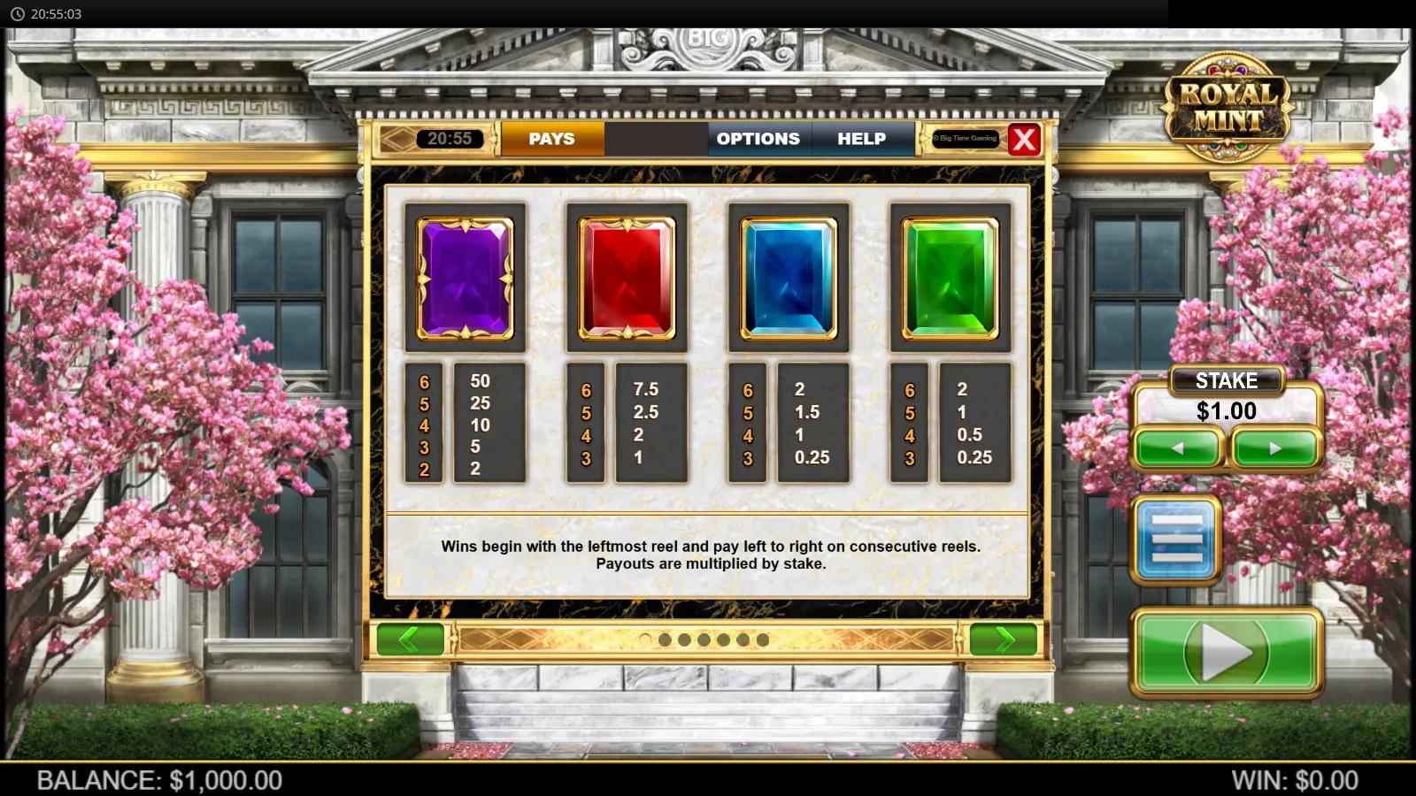 Royal Mint Megaways slot PAYS screen showing coloured gem payouts before a columned Royal Mint building with cherry blossom