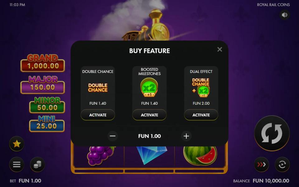The panel labelled BUY FEATURE offering Double Chance, Boosted Milestones and Dual Effect with their prices