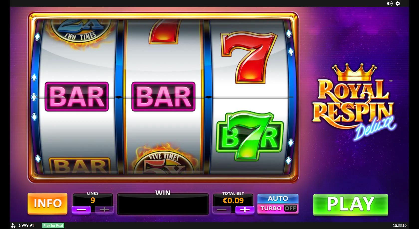 Royal Respin Deluxe slot: 3x3 nine-line classic reels with single, double and triple BARs, red 7 and flaming 2X-5X multipliers