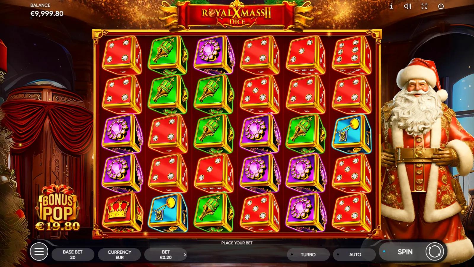 Royal Xmass II Dice gameplay showing the 6x5 cascading grid of coloured dice, crowns and gifts with Santa beside the reels