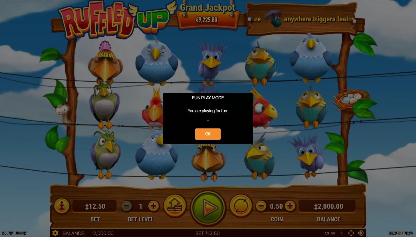 Ruffled Up slot showing 5x3 grid of cartoon birds on telephone wires with telegraph-pole frame and Grand Jackpot ticker