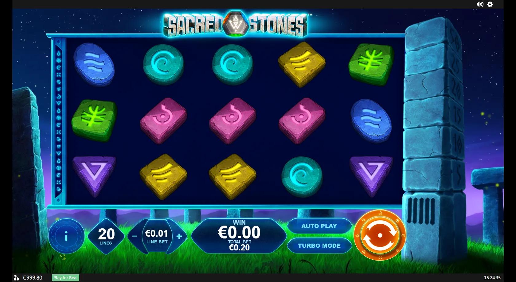 Sacred Stones slot showing the 5x3 twenty-line henge grid with glowing elemental rune stones and the Pillar of Magic counter
