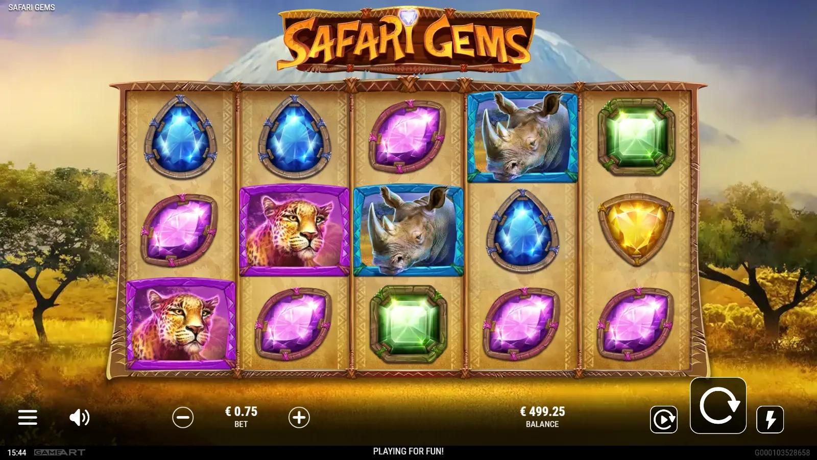 Safari Gems slot gameplay showing the 5x3 savanna grid with a lion Wild, leopard, rhino and coloured gem symbols