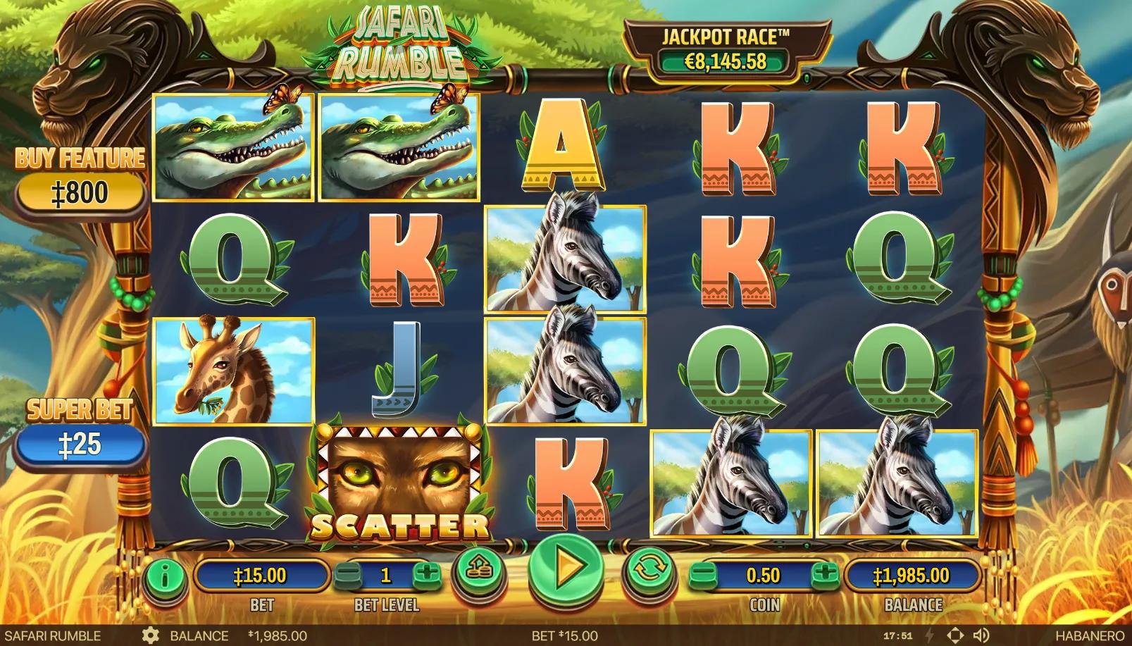 Safari Rumble slot gameplay showing 5x4 grid with crocodile, elephant, zebra and giraffe symbols beneath carved lion-head frame
