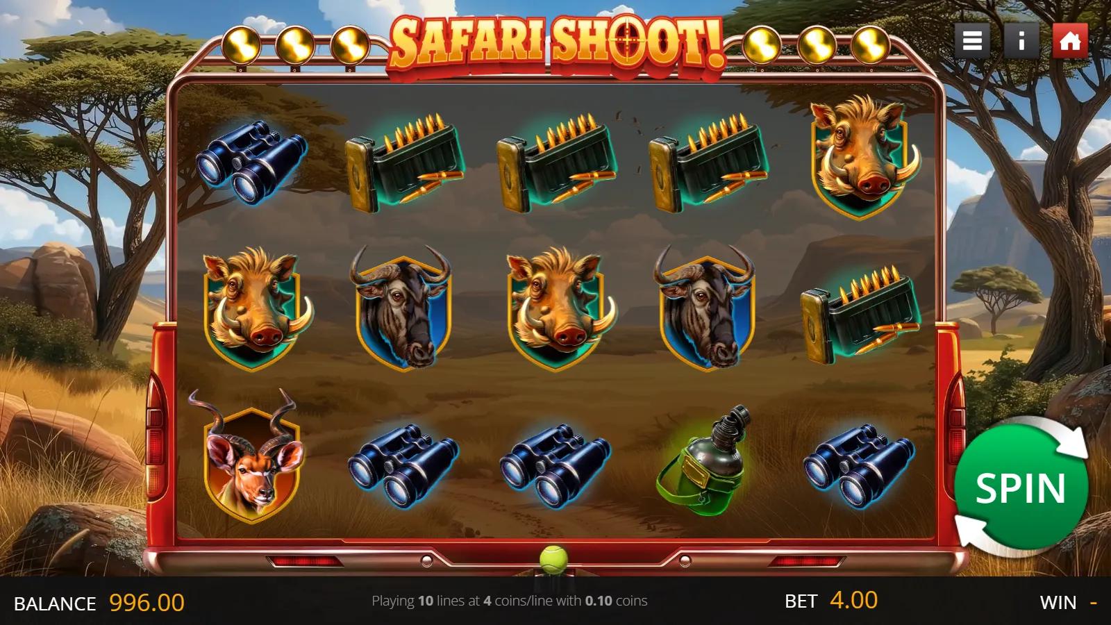 Safari Shoot slot gameplay showing 5x3 grid with safari animal trophy symbols, bullet wild and binoculars