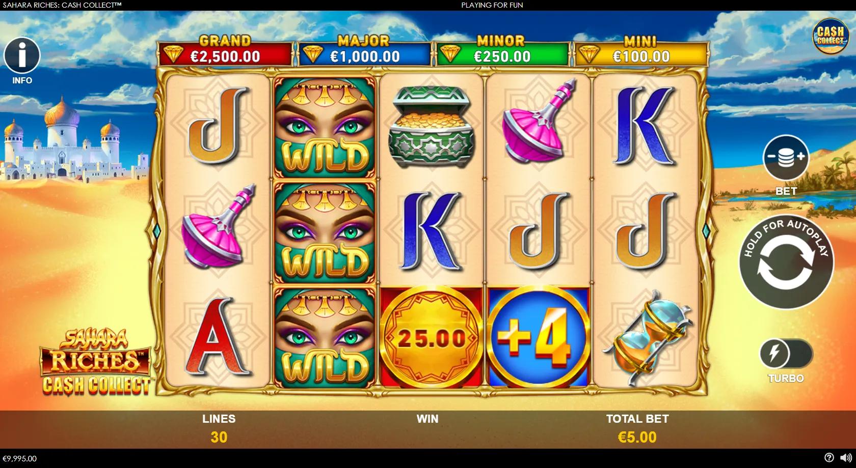 Sahara Riches Cash Collect slot: 5x3 thirty-line desert grid with the princess wild, cash coins and four jackpot banners
