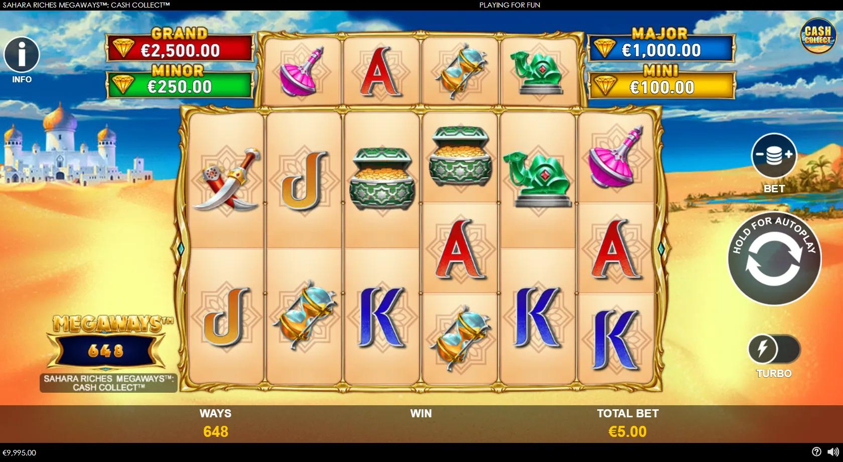 Sahara Riches Megaways Cash Collect gameplay showing the 6-reel Arabian Megaways grid with cash coins and jackpots