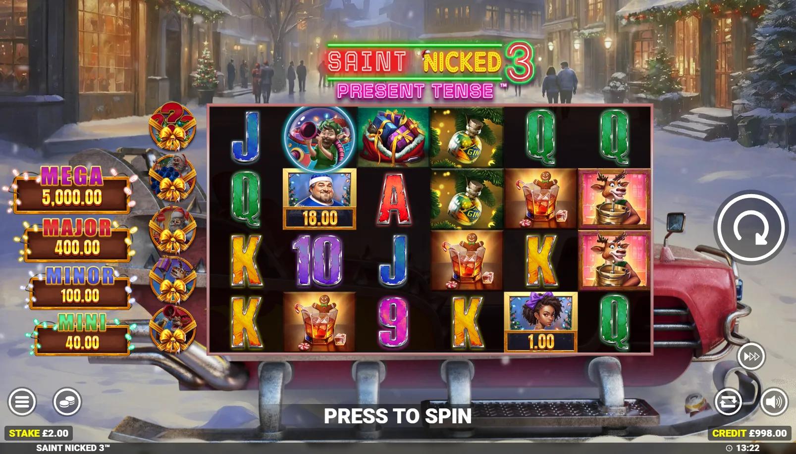 Saint Nicked 3 slot gameplay showing the 6x4 grid with Christmas cast symbols, present cash prizes and four jackpot tiers