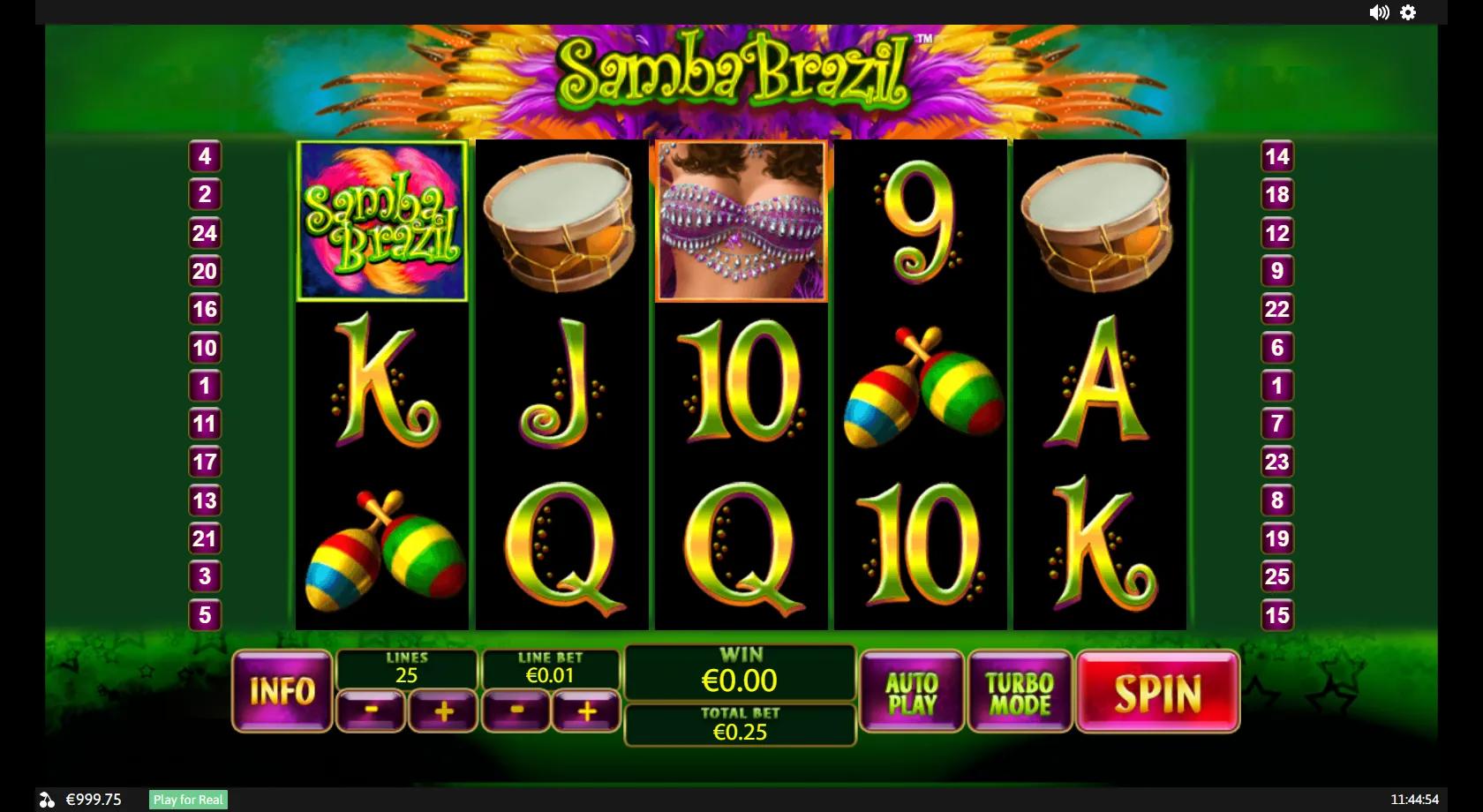 Samba Brazil gameplay showing a 5x3 carnival reel set with a samba dancer wild, maracas, a drum and the Samba Brazil logo
