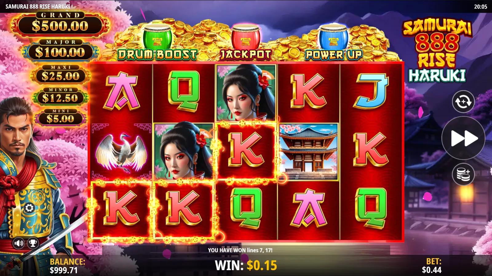 Samurai 888 Rise Haruki slot gameplay showing 5x3 grid with geisha and fox symbols and winning paylines lit