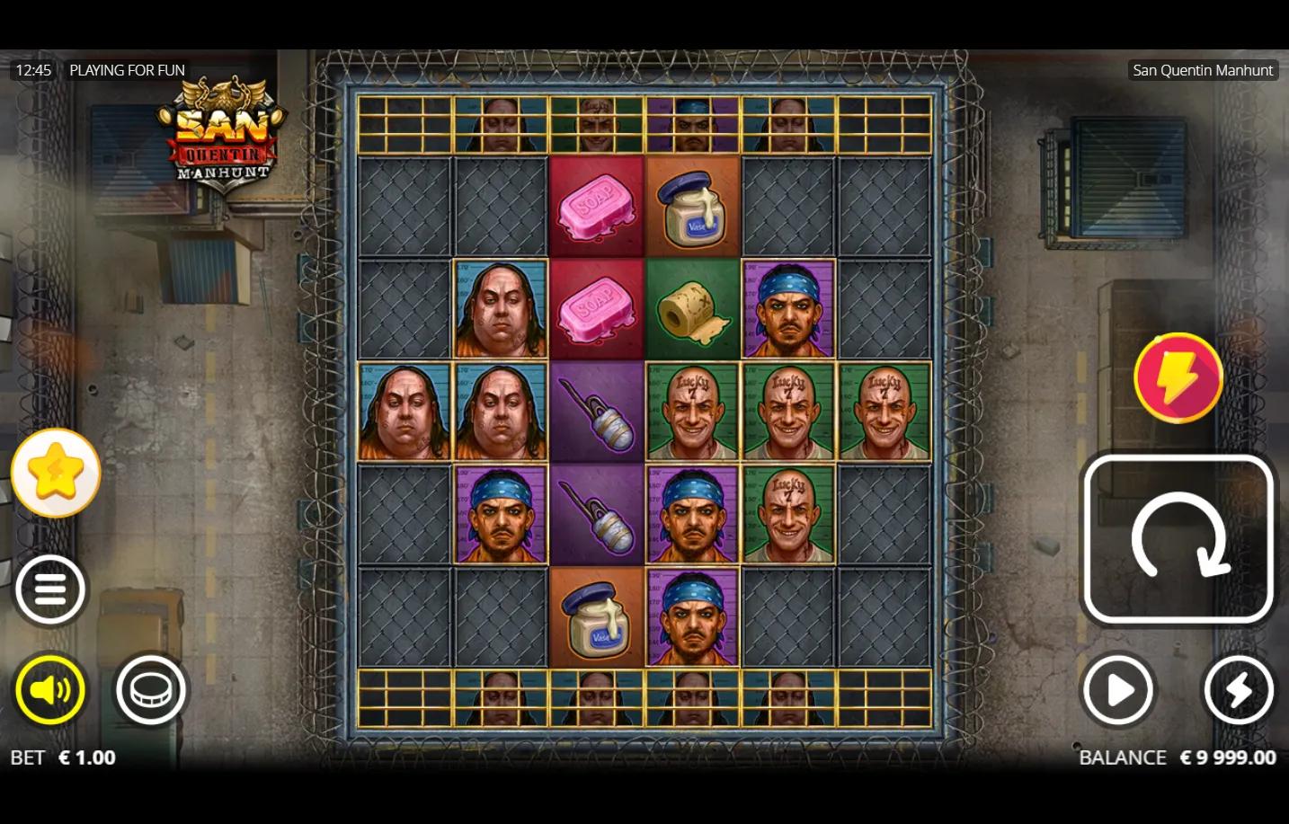 San Quentin Manhunt slot gameplay showing 6-reel diamond-shaped grid with prisoner symbols and Multiplier Block indicators