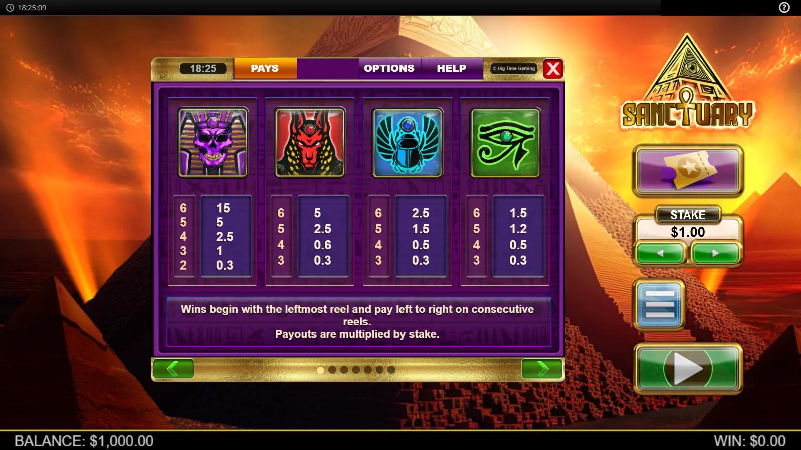 Sanctuary slot PAYS screen showing pharaoh, Anubis, scarab and Eye of Horus symbol payouts over a fiery pyramid sunset
