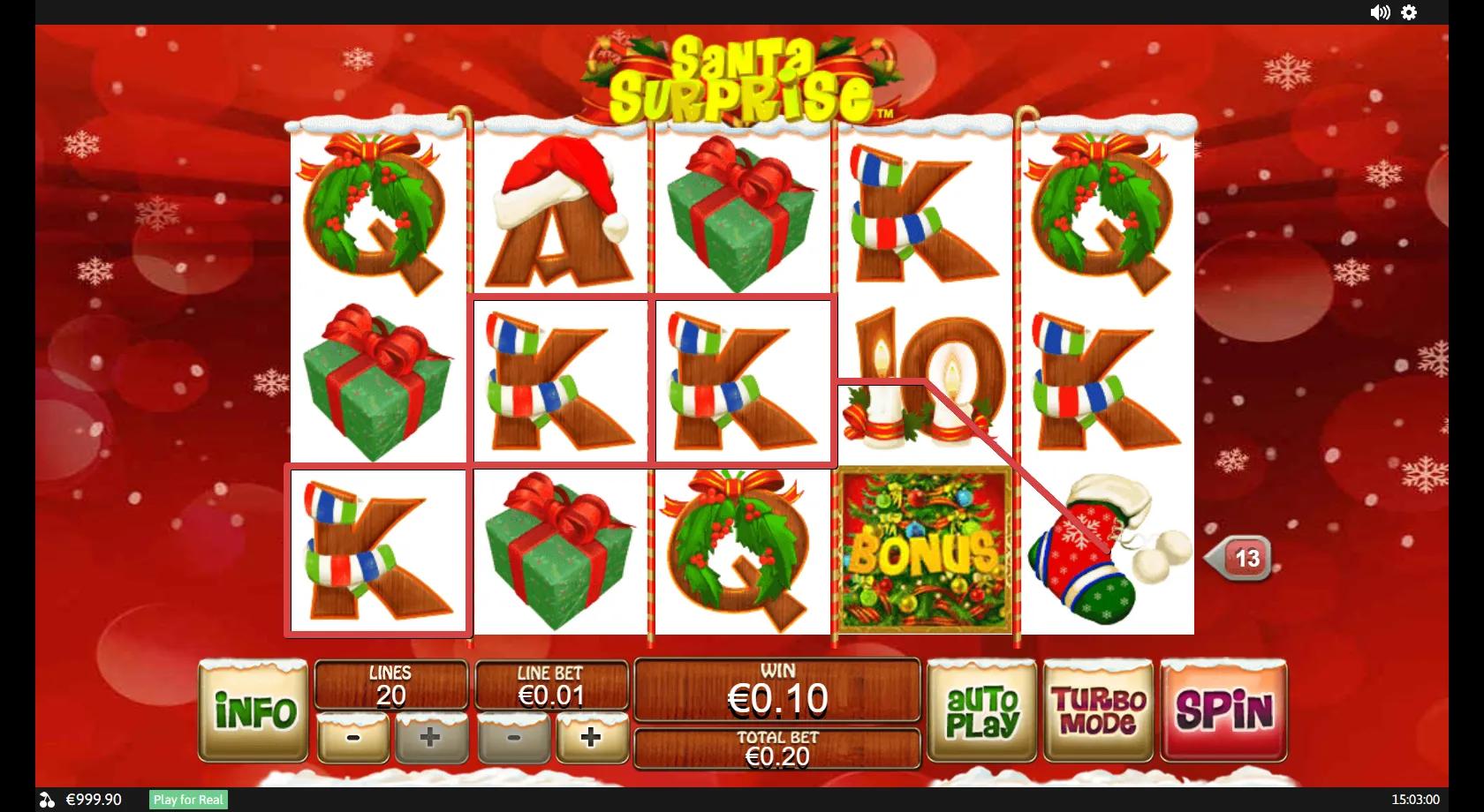 Santa Surprise slot: 5x3 twenty-line Christmas grid with the Santa wild, gifts, Christmas-tree bonus and snowy-house scatter
