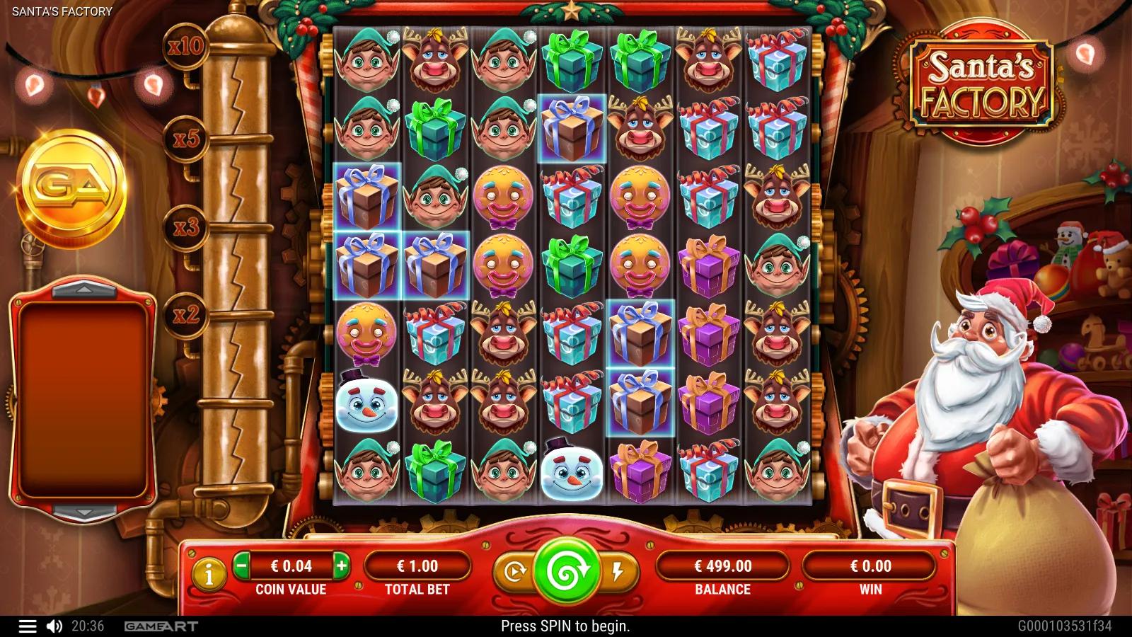 Santa's Factory slot gameplay showing the 7x7 cluster grid of Santa, snowman, elf, reindeer and gift-box symbols in a Christmas toy-workshop frame