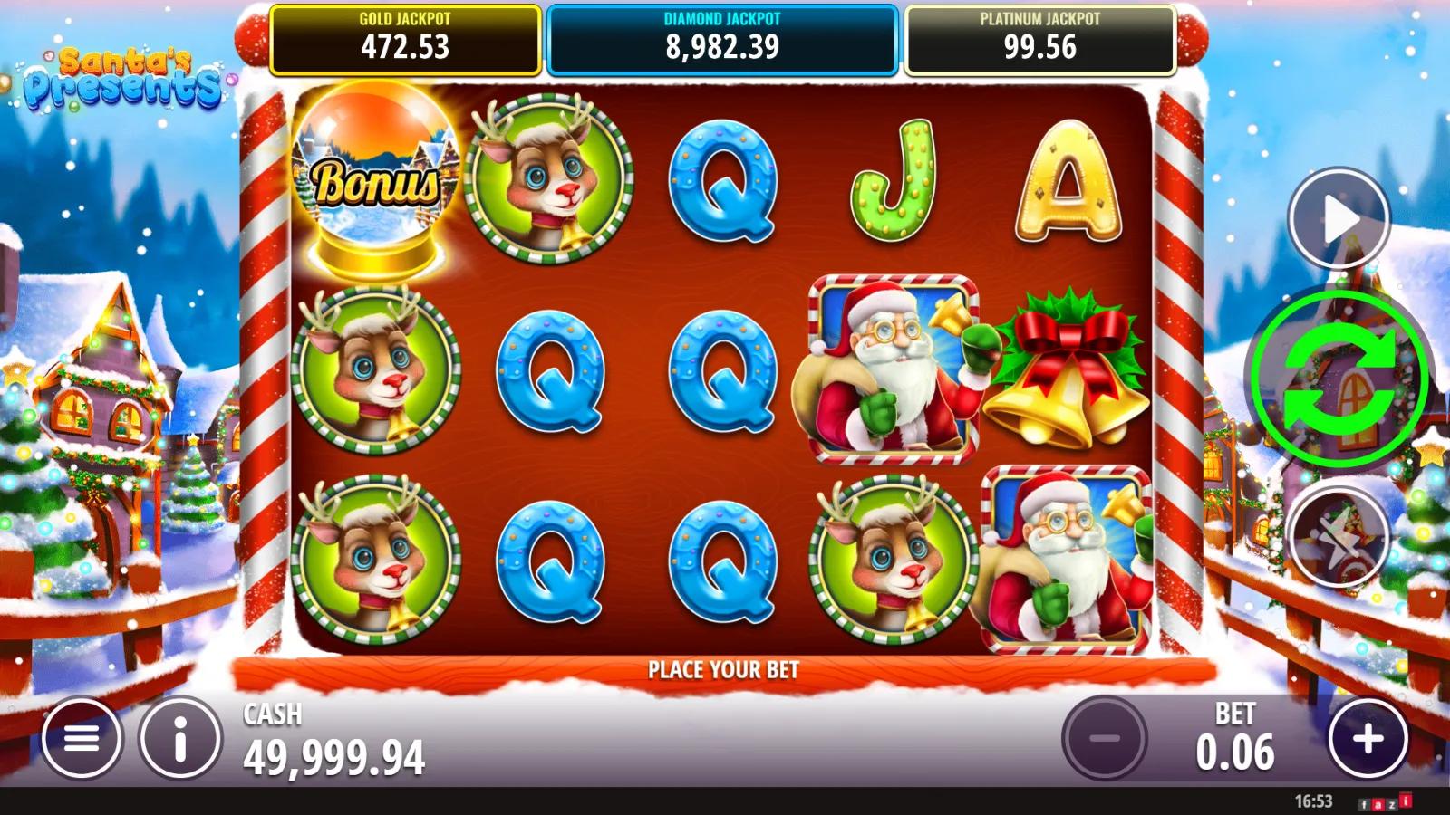 Santa's Presents slot gameplay showing 5x3 Christmas grid with present wild, snow-globe bonus, Santa, reindeer and 10 paylines