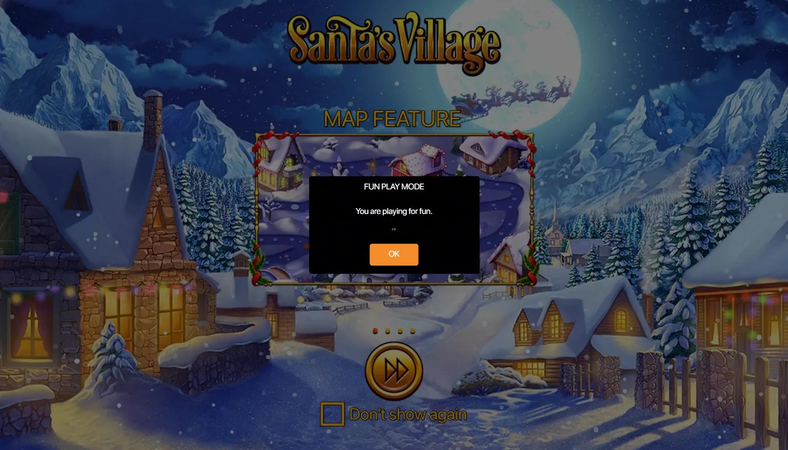 Santa's Village slot gameplay showing 5x3 bothways grid with Santa, gift boxes and candy canes over a snowy village
