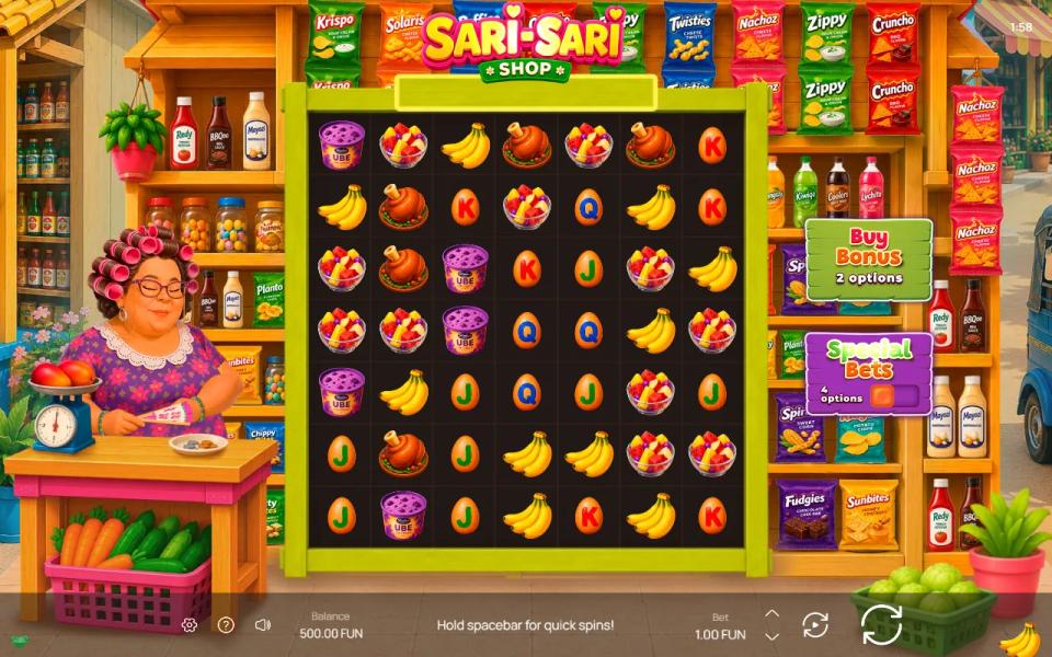 The 7x7 cluster grid of Sari-Sari Shop filled with Filipino shop symbols, with Tita Nene standing at her counter