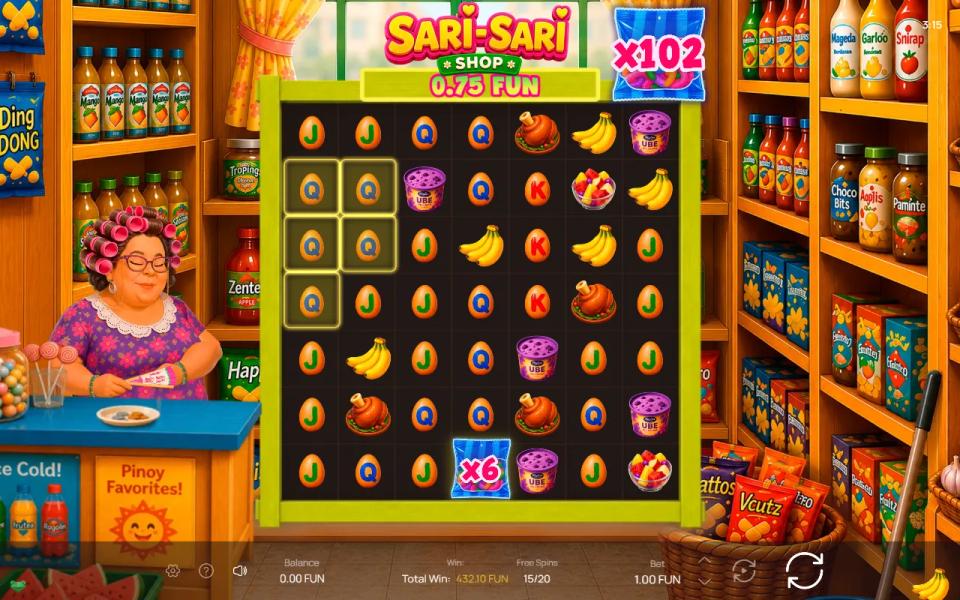 The Super Free Spins grid in Sari-Sari Shop with the persistent multiplier counter showing x102