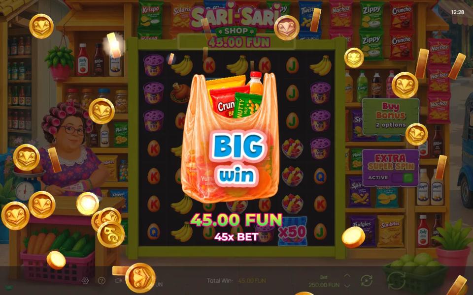 The Super Spin Extra round in Sari-Sari Shop paying 45x the base bet with an x50 multiplier badge showing