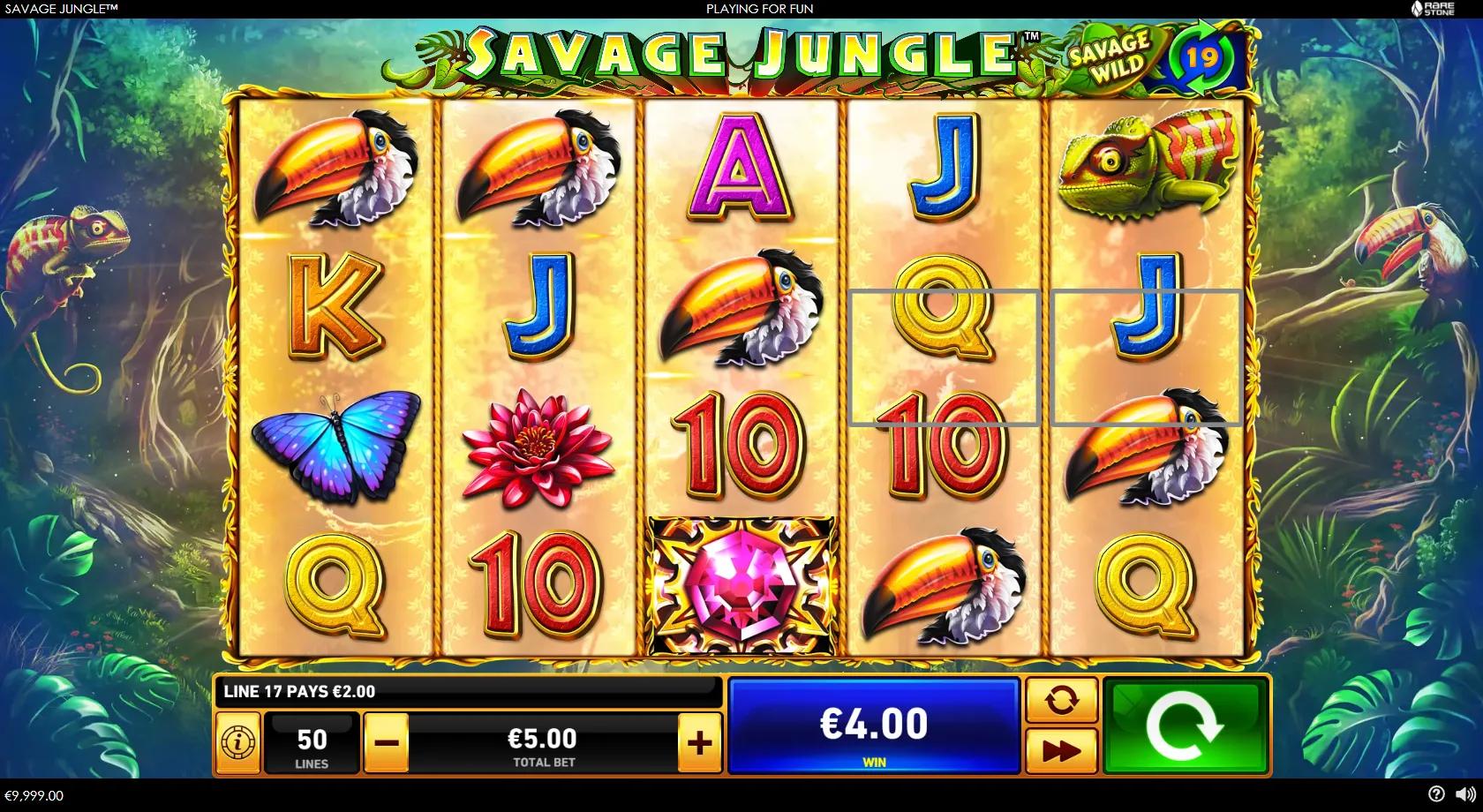Savage Jungle 5x4 rainforest grid with the neon gorilla wild, pink gem, leopard, chameleon, toucan and butterfly symbols