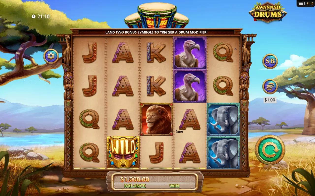 Savannah Drums slot gameplay showing 5x3 grid with WILD symbol and African animal premiums under bonus trigger header