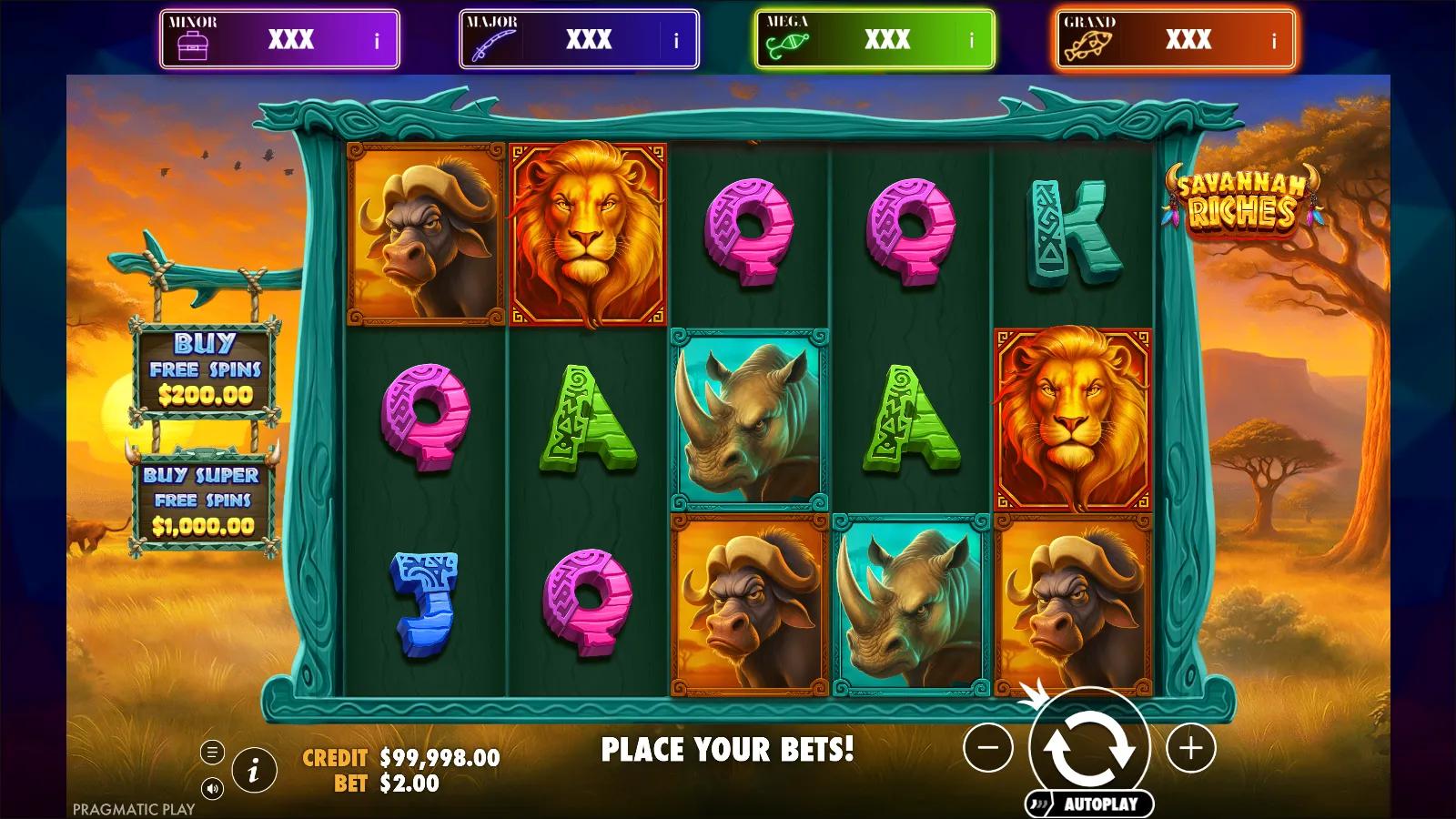 Savannah Riches Big Bass Jackpot Bonanza gameplay showing 5x3 grid with African animal symbols and 4-tier progressive jackpot bar