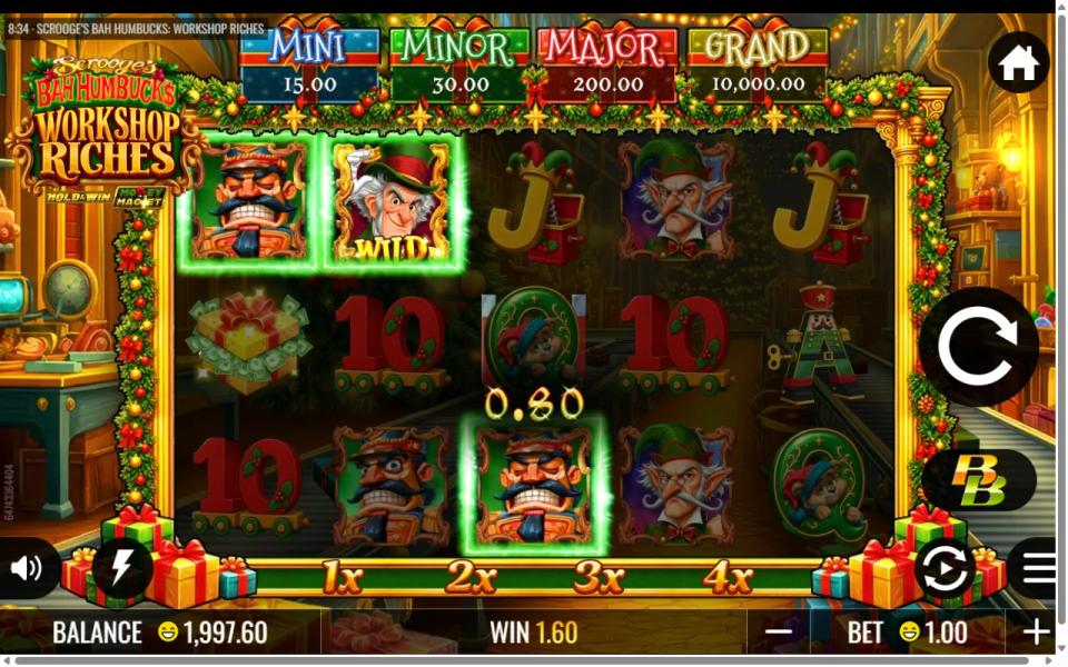 Scrooge's Bah Humbucks: Workshop Riches base game, a Scrooge Wild on reel 2 linking Nutcrackers on reels 1 and 3 under the Mini, Minor, Major and Grand jackpot boxes