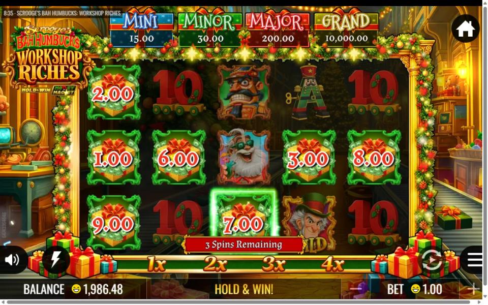 Hold and Win respins with seven gift boxes locked, 3 Spins Remaining, and the 1x to 4x meter below the reels still unlit