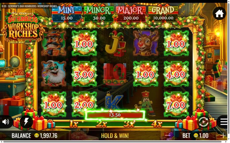 Final board of the bought Hold and Win round, eight gift boxes of 1x to 7x counting up, the centre cell empty of the Money Machine