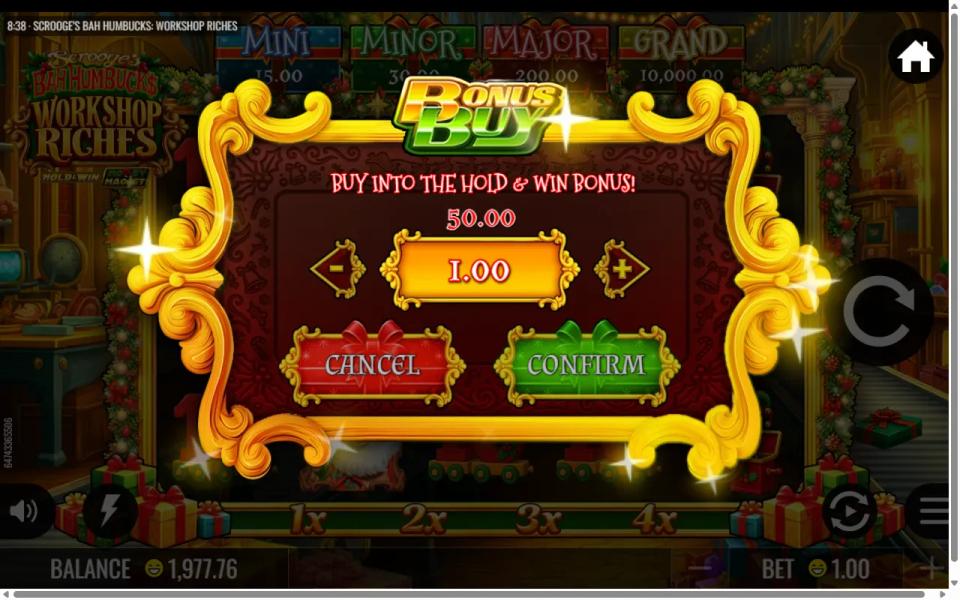 Bonus buy dialog offering Buy Into the Hold and Win Bonus for 50.00 at a 1.00 bet