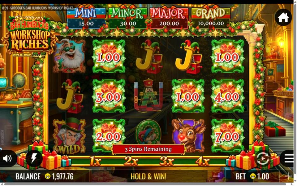 Bought Hold and Win round opening with seven gift boxes locked while jacks, a reindeer, Santa and a Wild fill the other cells