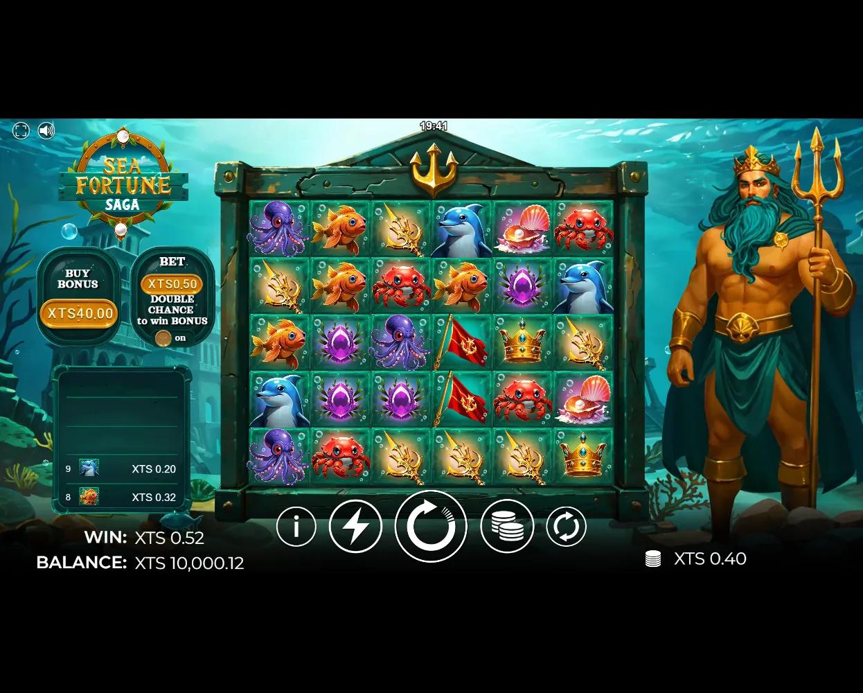Sea Fortune Saga slot gameplay showing the 6x5 pay-anywhere grid with sea-creature symbols and Poseidon scatter
