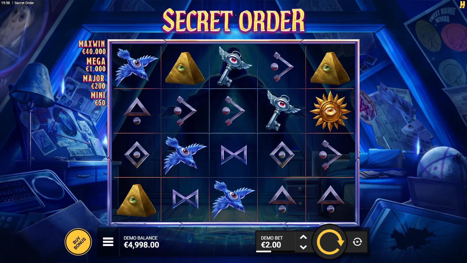 Secret Order slot gameplay showing 5x4 grid with all-seeing eye, pentagram and rune symbols on an occult conspiracy board