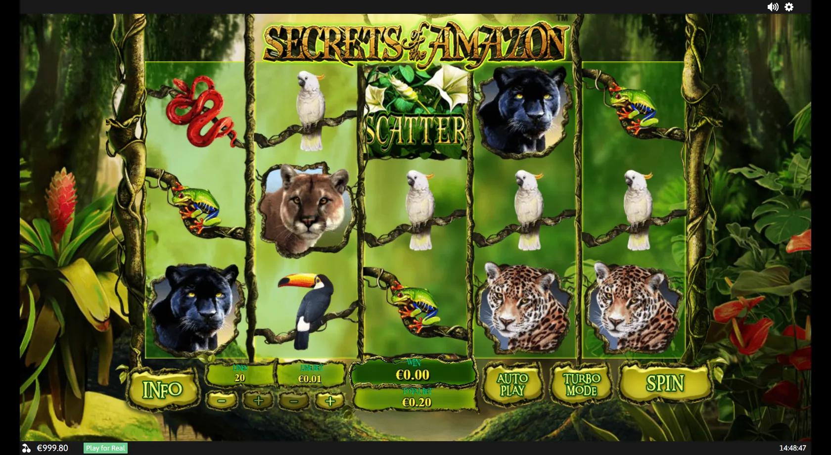 Secrets of the Amazon slot: 5x3 rainforest grid with the Amazonian lady wild, panther, jaguar, toucan and flower scatter