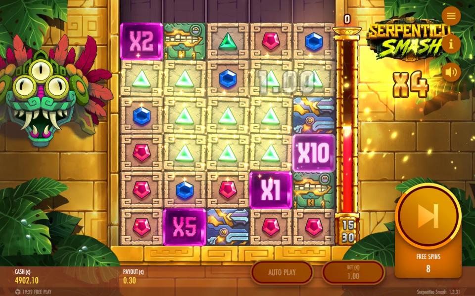 Serpentico Smash free spins on the 5x6 board: a green gem cluster lit up, purple multiplier tiles x2, x10, x1 and x5 waiting to be crushed, Global Multiplier at x4 beside the reels