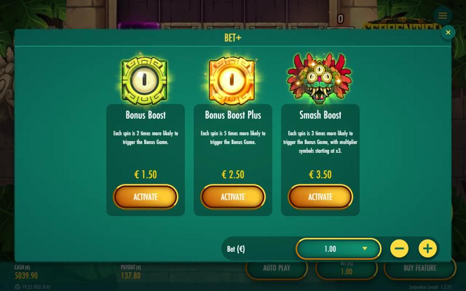 Serpentico Smash BET+ panel listing Bonus Boost at 1.50, Bonus Boost Plus at 2.50 and Smash Boost at 3.50 on a 1.00 bet