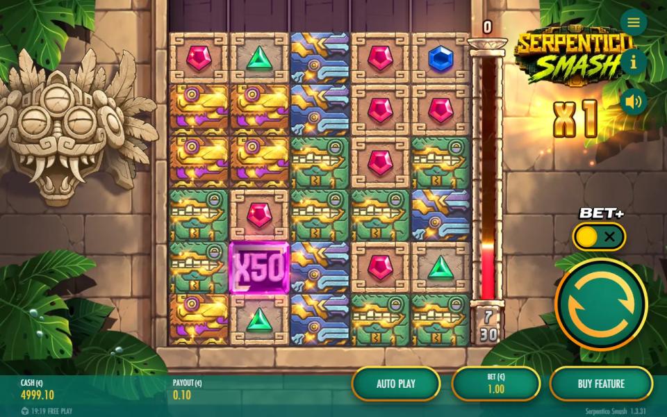 Serpentico Smash base game board with an x50 multiplier tile on reel 2 that nothing has landed on