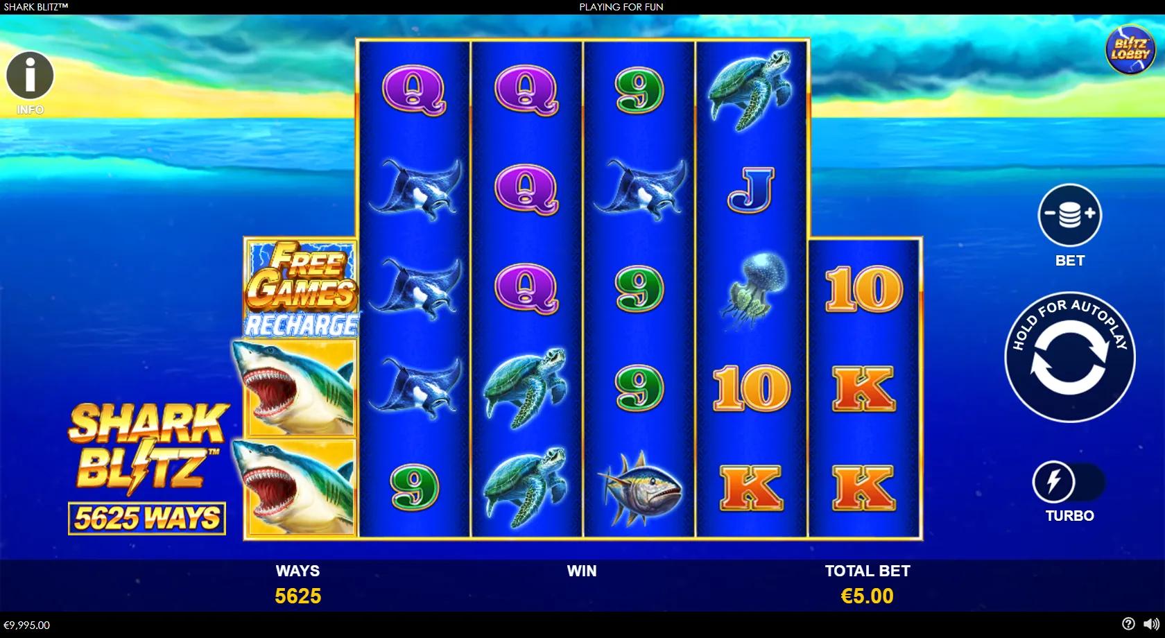 Shark Blitz slot: 6-reel 5,625-ways ocean grid with the great white shark, diamond wild, turtle, manta ray and tuna