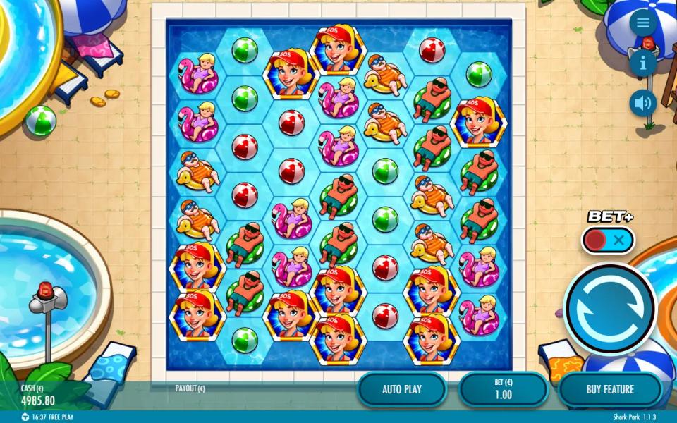 Shark Park base game board with ten lifeguard symbols spread across the hexagonal grid in small groups, none of five touching